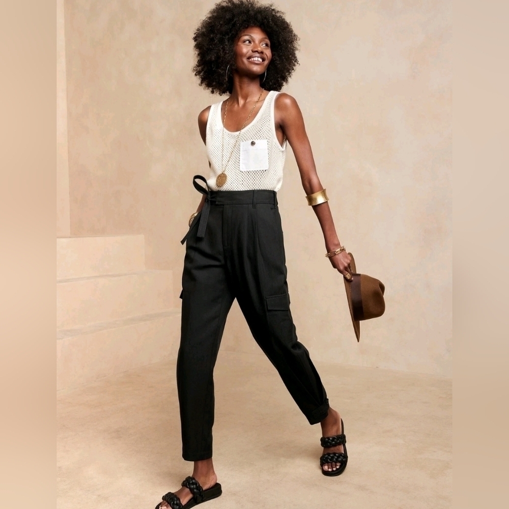 Banana Republic Lyocell Linen Blend Belted Cargo Pants 00 PETITE Black RT$110